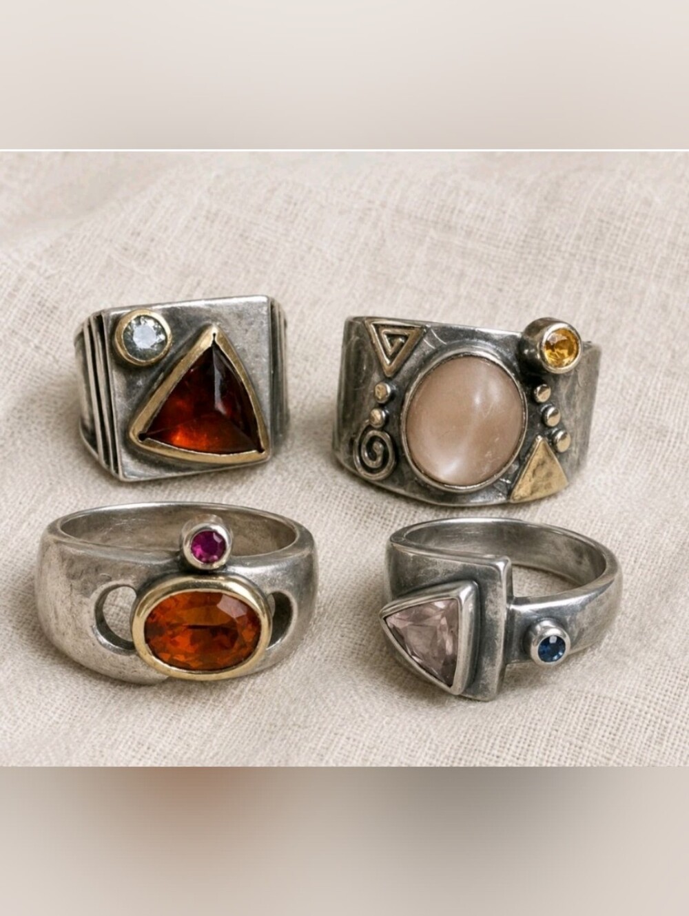 Lot of 4 David Sabine Collings Modernist Sterling Silver 14K Gold Gemstone Rings